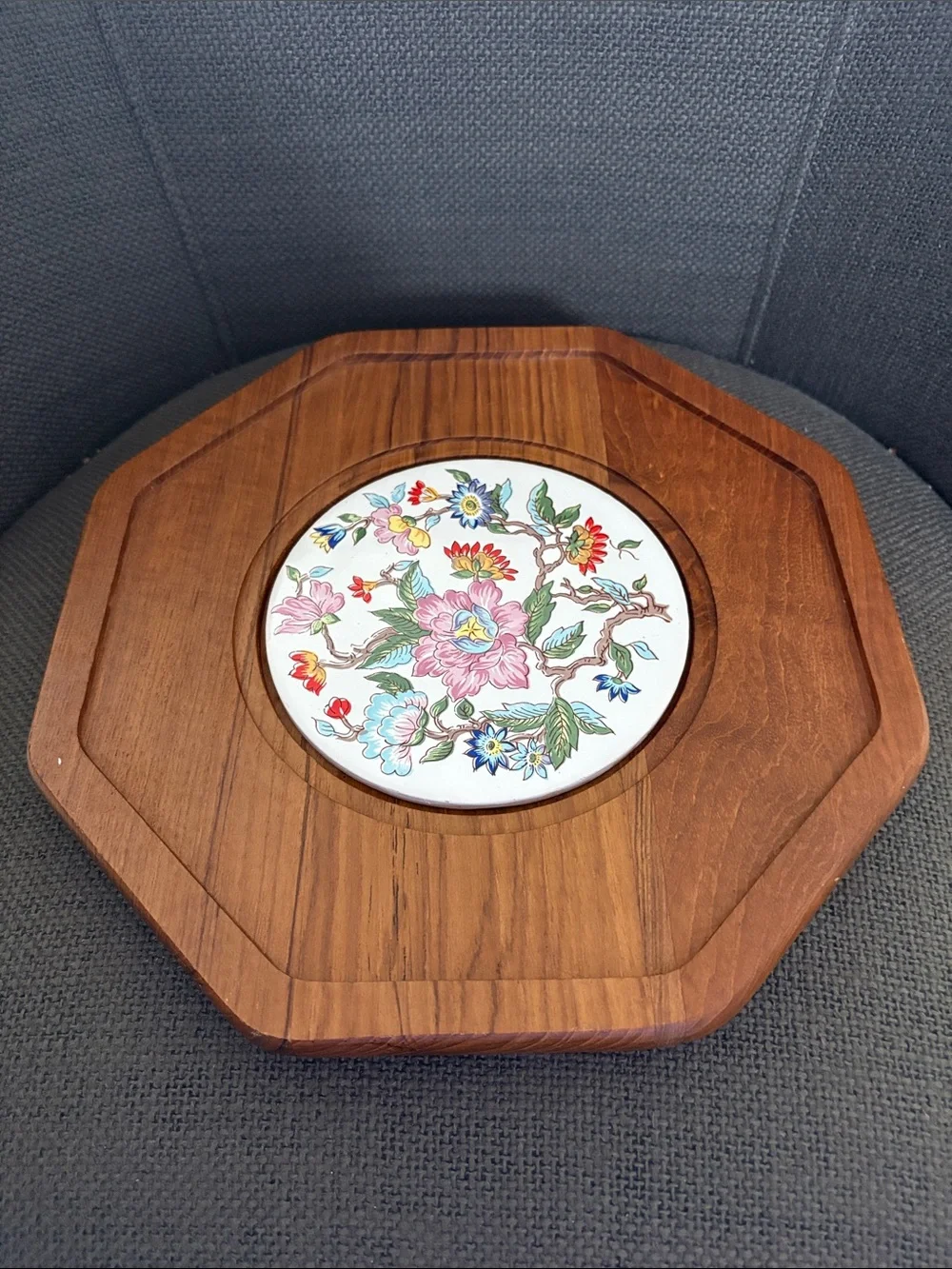 Octagonal Teak Wood Trivet with Floral Ceramic Inset